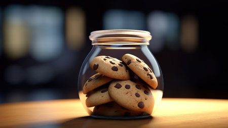 Chocolate chip cookies in a glass jar on the table, shallow depth of fieldの素材
