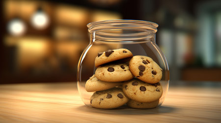 Chocolate chip cookies in glass jar on wooden table. 3d illustrationの素材