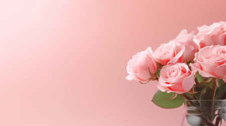 Bouquet of pink roses in vase on pink background.の素材