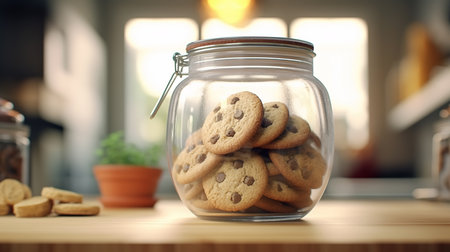 Glass jar with tasty cookies on table in kitchen. Space for textの素材