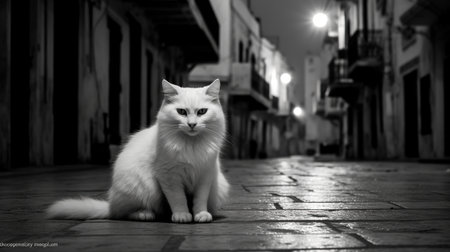 White cat sitting on the floor in the old town. Black and white photo.の素材