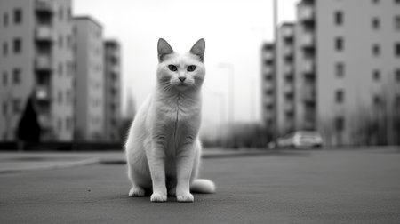 Beautiful white cat sitting on the street. Monochrome photo.の素材