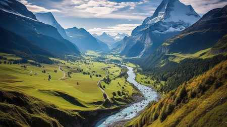 Mountain landscape with the river in the valley of the Swiss Alpsの素材