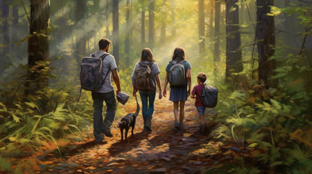 Family with dog in the forest. Digital painting of a family walking with a dog.の素材