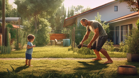 Father and son are playing in the garden on a sunny day.の素材