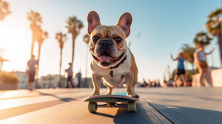 french bulldog on a skateboard in the beach at sunsetの素材
