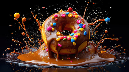Chocolate donut with colorful sprinkles falling into water on black backgroundの素材
