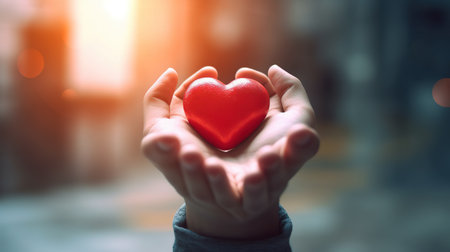 Woman hand holding red heart on blurred city background. Love concept.の素材
