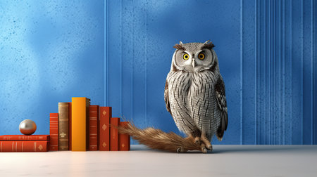 Owl with books on the floor. 3D illustration, 3D rendering.の素材