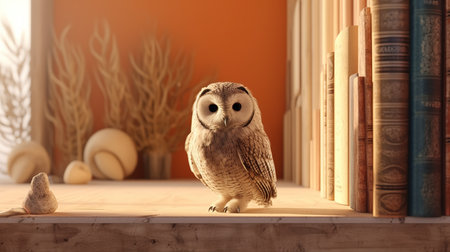Owl sitting on bookshelf in room, 3d renderの素材
