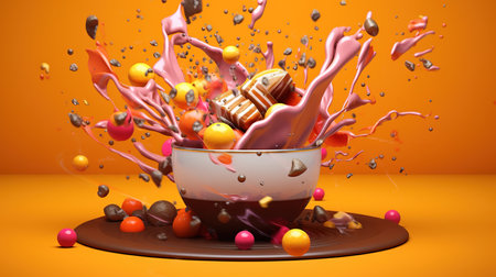 3D rendering of chocolate candies falling into a bowl with splashesの素材