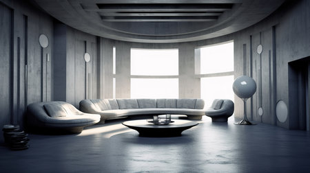 Interior of modern living room with concrete walls, concrete floor, gray sofa and round coffee table. 3d renderingの素材