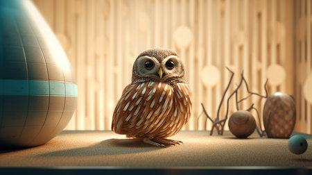 Owl sitting on the sand next to a ball. 3d renderの素材