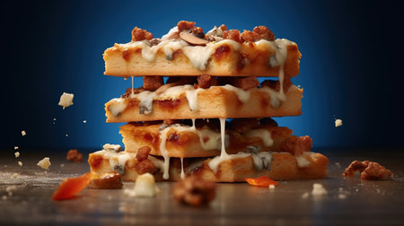 Stack of homemade waffles with chocolate and nuts on a blue backgroundの素材
