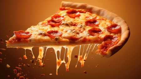Slice of pizza with melting cheese on brown background, closeupの素材