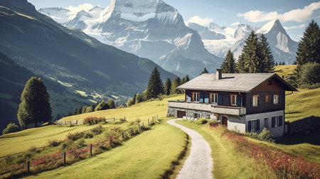 Beautiful mountain landscape with traditional swiss chalet. Switzerlandの素材