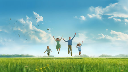 Happy family jumping on green meadow with clouds and blue sky backgroundの素材