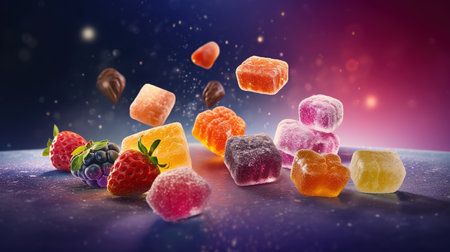 Fruit jelly candies falling on colorful background. 3d renderingの素材