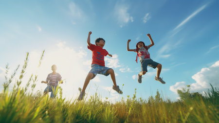 Happy asian children jumping and running on green grass field with blue sky backgroundの素材