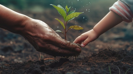 Hands of father and son planting tree in the garden. Save nature concept.の素材