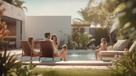 Happy family with two kids relaxing by swimming pool in luxury villaの素材