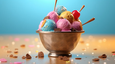 ice cream in a bowl with chocolate chips and sprinkles on blue backgroundの素材