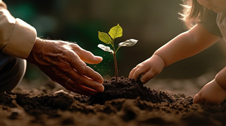 Close-up of father and child hands planting tree in fertile soilの素材