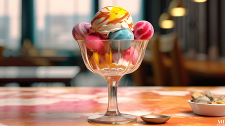 Colorful candies in glass vase on table in cafe, closeupの素材