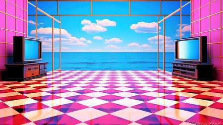 Tv set on the background of the sea. 3d renderingの素材