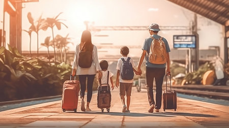 Back view of happy family walking together with luggage at train station.の素材