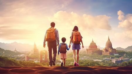 Backpacker family travel in Bagan, Myanmar, Asia.の素材