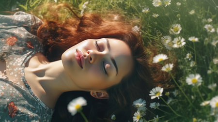 Beautiful young woman lying on the field of daisies.の素材
