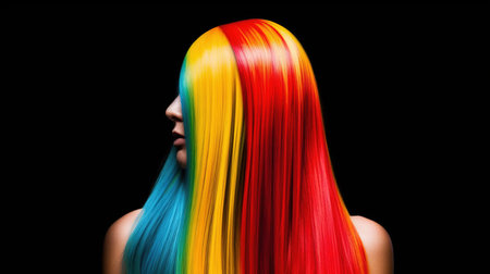 Woman with colorful hair on black background. Rainbow hair style concept.の素材