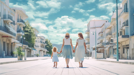 Mother and daughter walking on the street in a sunny summer day.の素材