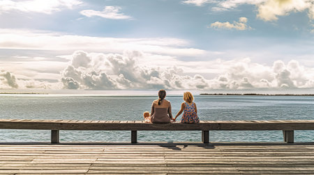 Mother and daughter sitting on a wooden pier and looking at the seaの素材