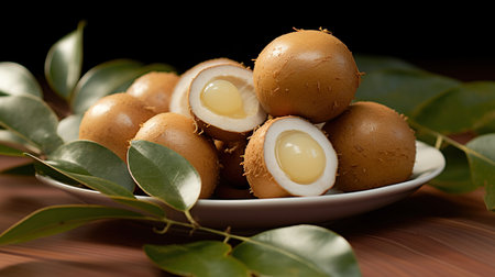 Bunch of longan fruit on a plate on a wooden tableの素材