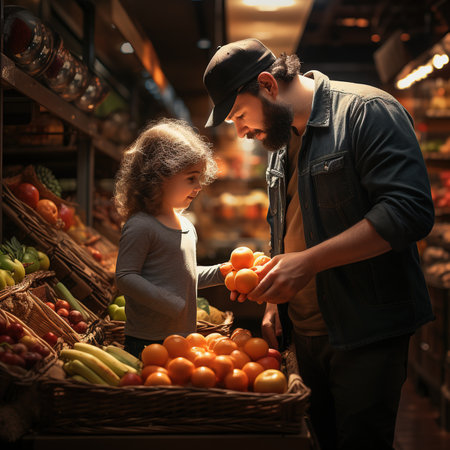 Cute little girl with her father choosing fruits and vegetables in supermarketの素材