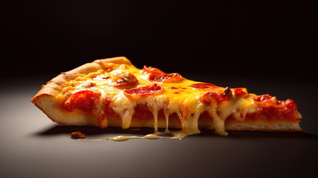 Slice of pizza with salami and mozzarella on black backgroundの素材