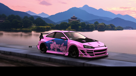 sport car racing on the road with mountains and lake as backgroundの素材
