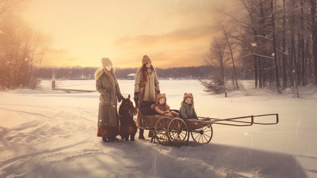 Happy family of three with a dog in a sleigh at sunsetの素材