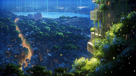 Cityscape with green trees and blue sky background. 3D renderingの素材