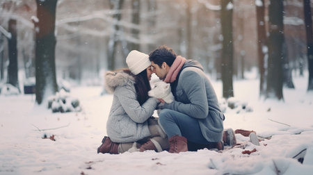 Young couple in love with a dog in the winter forest. Man and woman in warm sweaters hug and kiss.の素材