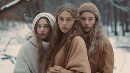 Portrait of three beautiful girls in warm clothes in the winter forestの素材
