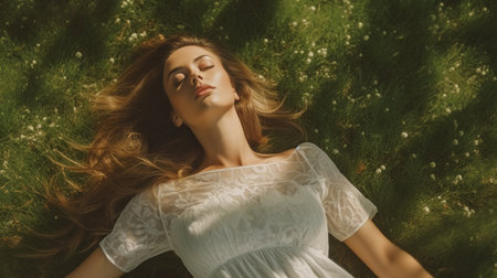 Beautiful young woman lying on the grass in the park and dreamingの素材