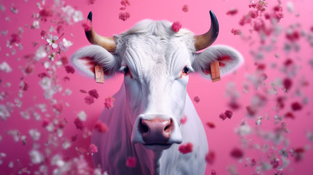 Cow with flowers on a pink background. The concept of a healthy lifestyle.の素材