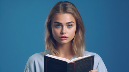Portrait of a beautiful young woman reading a book on blue backgroundの素材