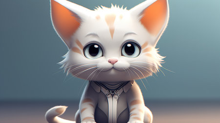 Cute cartoon white cat with blue eyes. 3D rendering.の素材