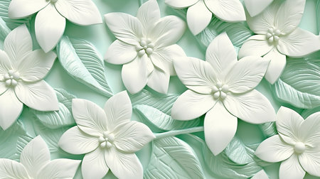 3d rendering of white flowers on turquoise background with green leavesの素材