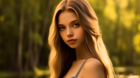 Portrait of a beautiful young girl with long hair on nature.の素材