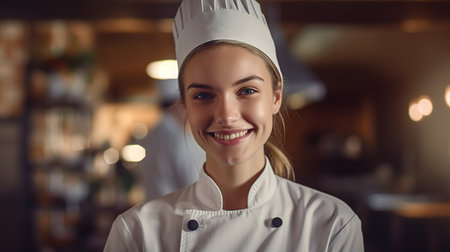 Portrait of a smiling female chef looking at camera in a restaurantの素材